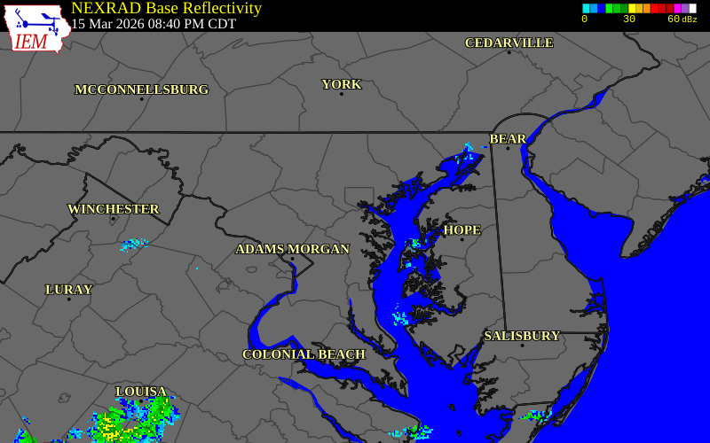 NEXRAD radar during the Sunday, March 15, 2026 storm activity in Anne Arundel County, Maryland