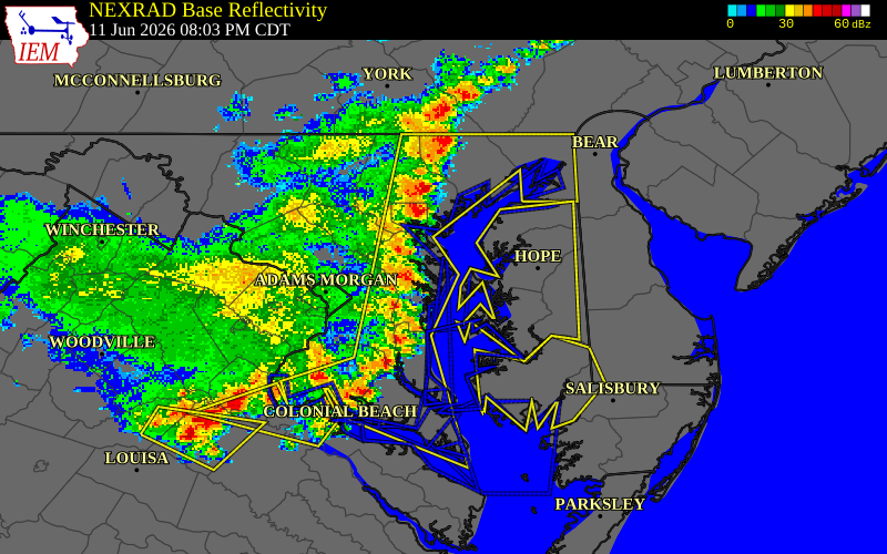 NEXRAD radar during the Thursday, June 11, 2026 storm activity in Anne Arundel County, Maryland