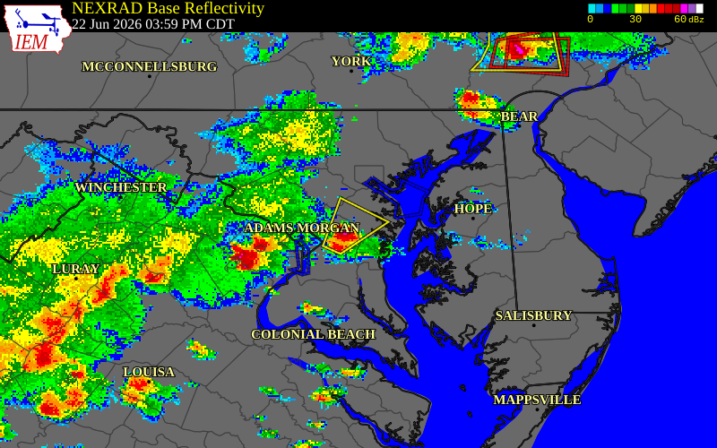 NEXRAD radar during the Monday, June 22, 2026 storm activity in Anne Arundel County, Maryland