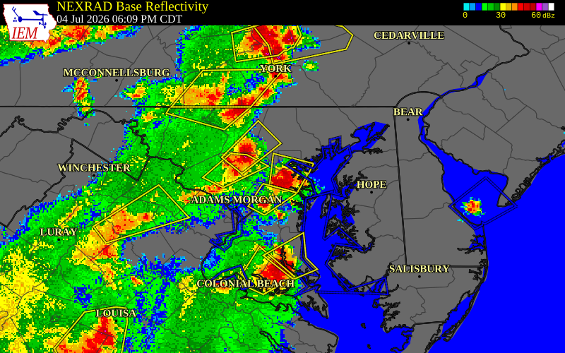 NEXRAD radar during the Saturday, July 4, 2026 storm activity in Anne Arundel County, Maryland