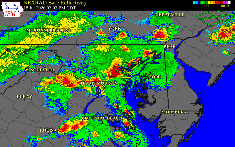 NEXRAD radar during the Saturday, July 18, 2026 storm activity in Anne Arundel County, Maryland