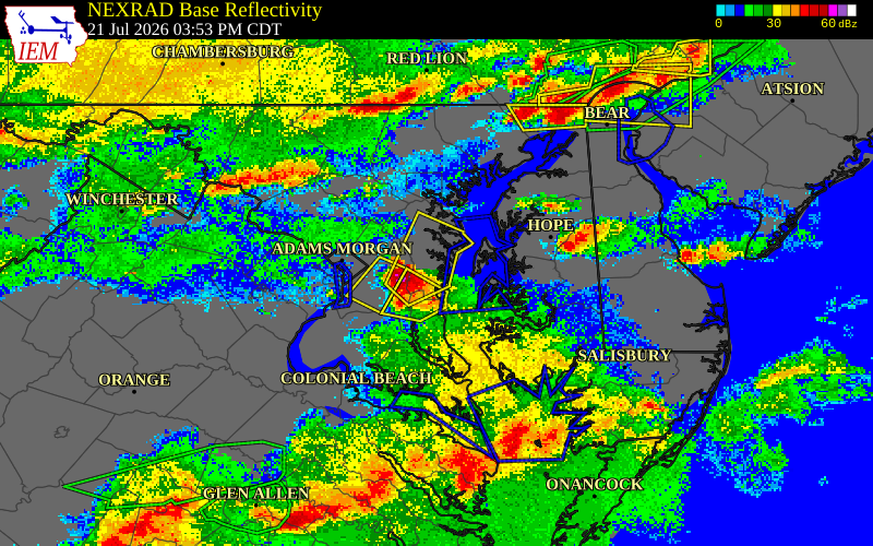 NEXRAD radar during the Tuesday, July 21, 2026 storm activity in Anne Arundel County, Maryland