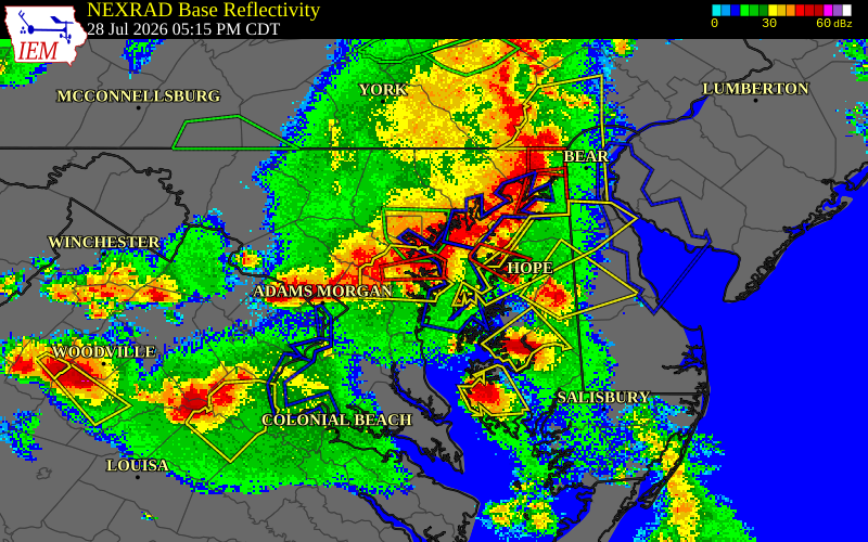 NEXRAD radar during the Tuesday, July 28, 2026 storm activity in Anne Arundel County, Maryland