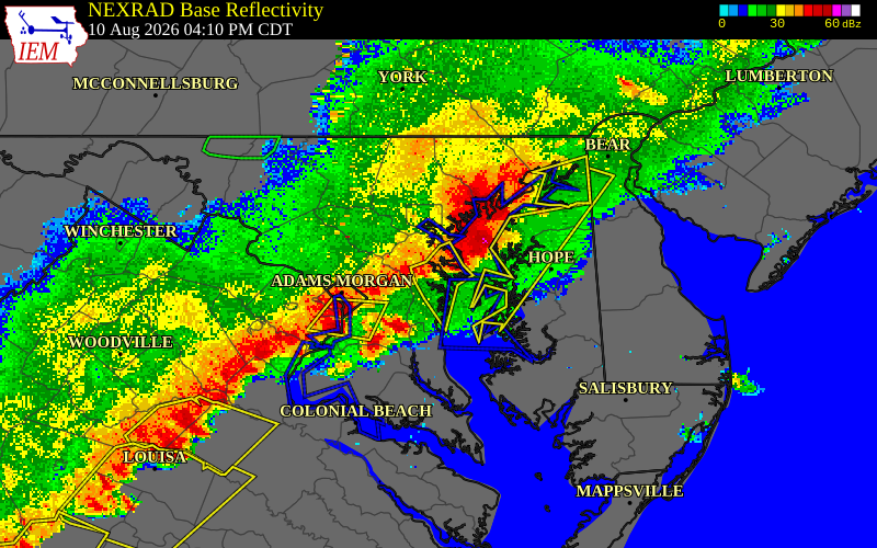 NEXRAD radar during the Monday, August 10, 2026 storm activity in Anne Arundel County, Maryland