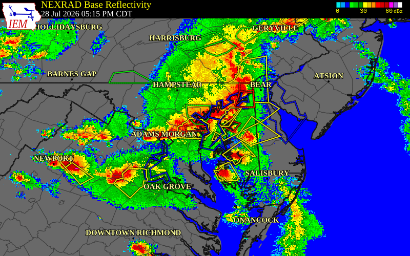 Radar snapshot during the Jul 28, 2026 tornado event near 1 ESE Lake Shore, Anne Arundel County, Maryland, with NWS warning polygons