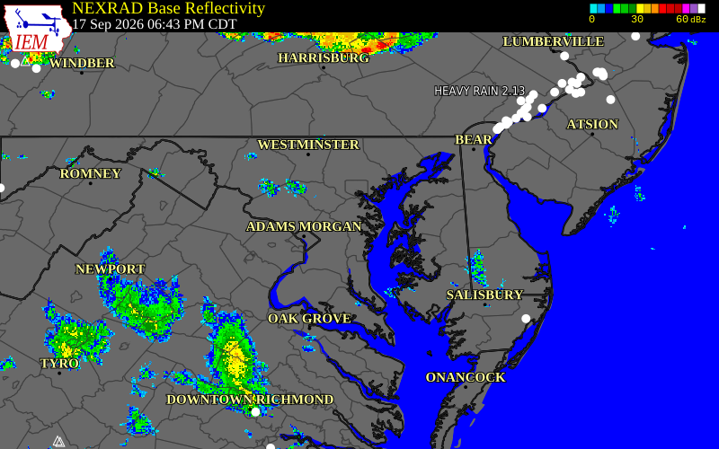 Current NEXRAD radar over Anne Arundel County, Maryland with recent storm report locations