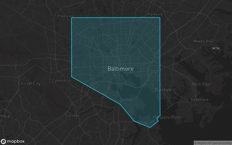 Map of Baltimore City County, Maryland showing the county boundary and surrounding cities
