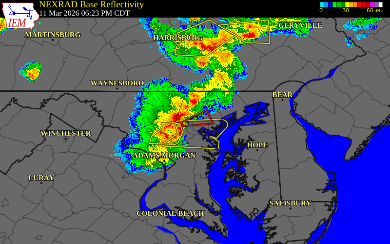 NEXRAD radar during the Wednesday, March 11, 2026 storm activity in Baltimore City County, Maryland