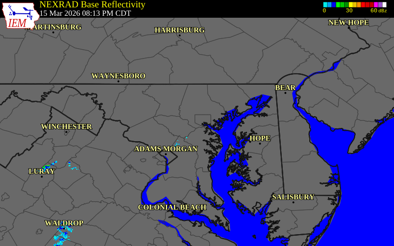 NEXRAD radar during the Sunday, March 15, 2026 storm activity in Baltimore City County, Maryland