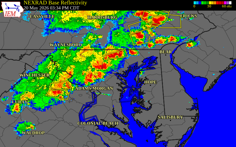 NEXRAD radar during the Wednesday, May 20, 2026 storm activity in Baltimore City County, Maryland