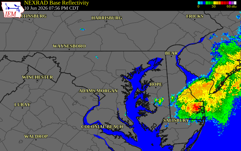 NEXRAD radar during the Wednesday, June 10, 2026 storm activity in Baltimore City County, Maryland