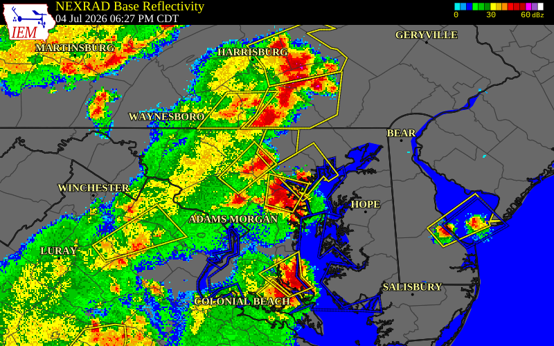 NEXRAD radar during the Saturday, July 4, 2026 storm activity in Baltimore City County, Maryland