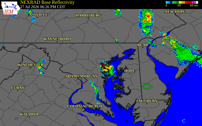 NEXRAD radar during the Monday, July 27, 2026 storm activity in Baltimore City County, Maryland