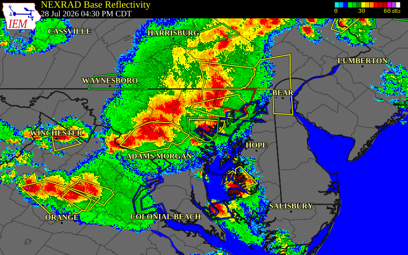 NEXRAD radar during the Tuesday, July 28, 2026 storm activity in Baltimore City County, Maryland