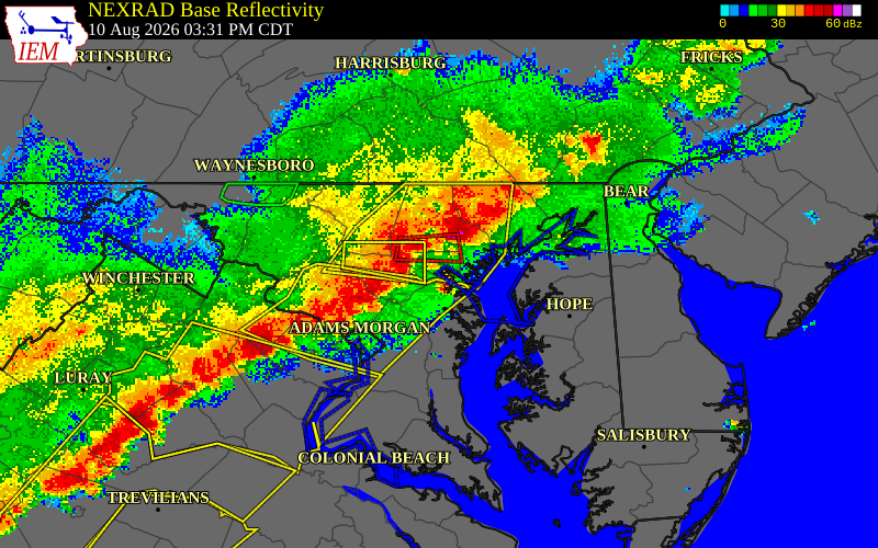 NEXRAD radar during the Monday, August 10, 2026 storm activity in Baltimore City County, Maryland