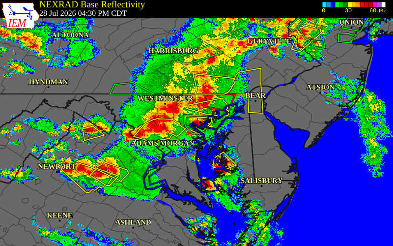 Radar snapshot during the Jul 28, 2026 hail event near 1 N Highlandtown, Baltimore City County, Maryland, with NWS warning polygons