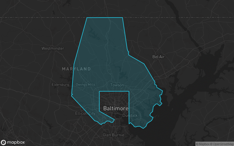 Map of Baltimore County, Maryland showing the county boundary and surrounding cities