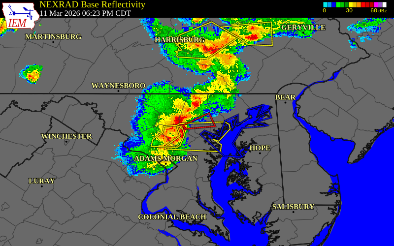 NEXRAD radar during the Wednesday, March 11, 2026 storm activity in Baltimore County, Maryland
