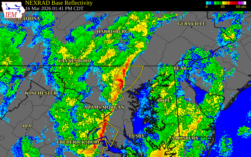 NEXRAD radar during the Monday, March 16, 2026 storm activity in Baltimore County, Maryland