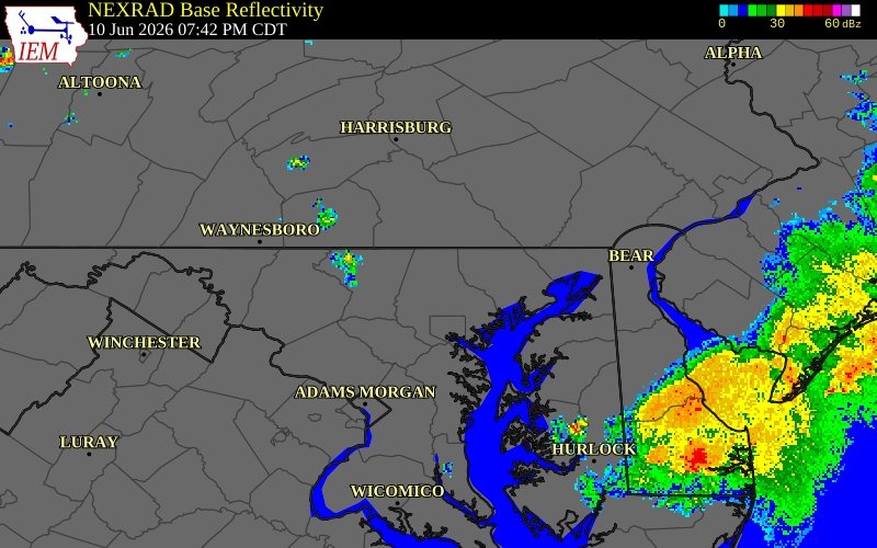 NEXRAD radar during the Wednesday, June 10, 2026 storm activity in Baltimore County, Maryland