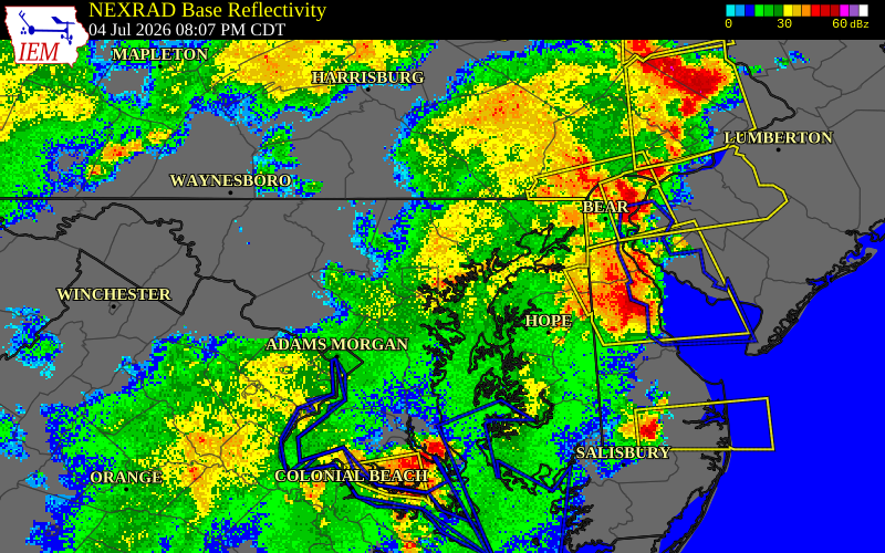 NEXRAD radar during the Saturday, July 4, 2026 storm activity in Baltimore County, Maryland