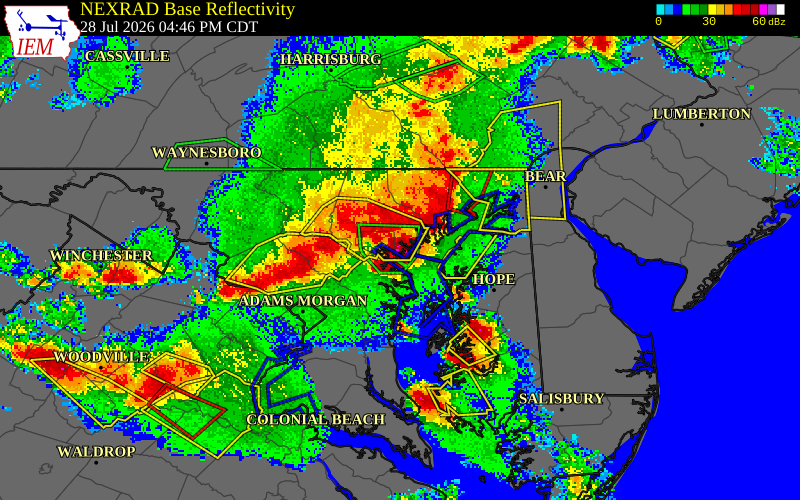 NEXRAD radar during the Tuesday, July 28, 2026 storm activity in Baltimore County, Maryland