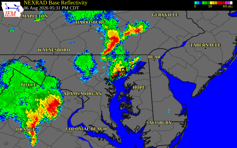 NEXRAD radar during the Thursday, August 6, 2026 storm activity in Baltimore County, Maryland