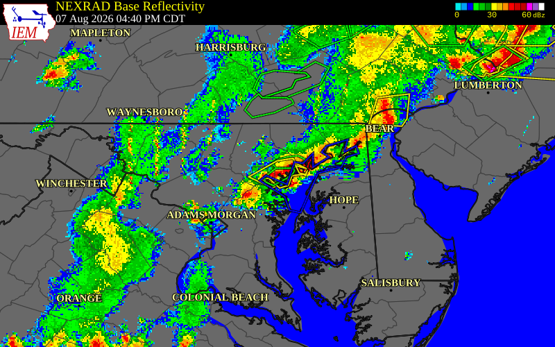 NEXRAD radar during the Friday, August 7, 2026 storm activity in Baltimore County, Maryland