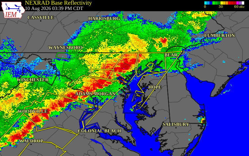 NEXRAD radar during the Monday, August 10, 2026 storm activity in Baltimore County, Maryland