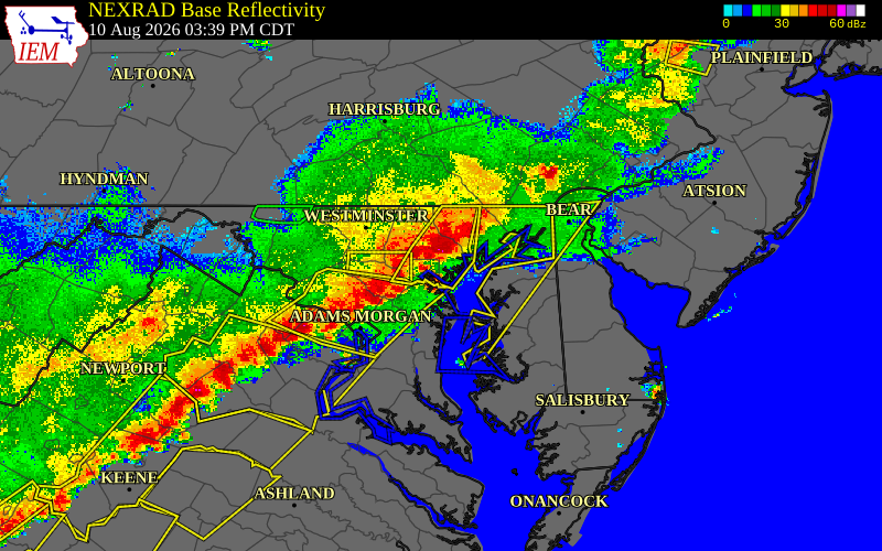 Radar snapshot during the Aug 10, 2026 tornado event near 1 W Dundalk, Baltimore County, Maryland, with NWS warning polygons