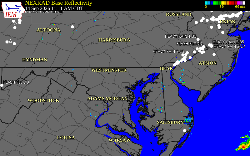 Current NEXRAD radar over Baltimore County, Maryland with recent storm report locations