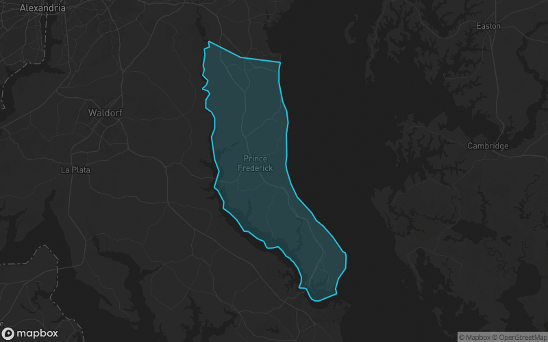Map of Calvert County, Maryland showing the county boundary and surrounding cities