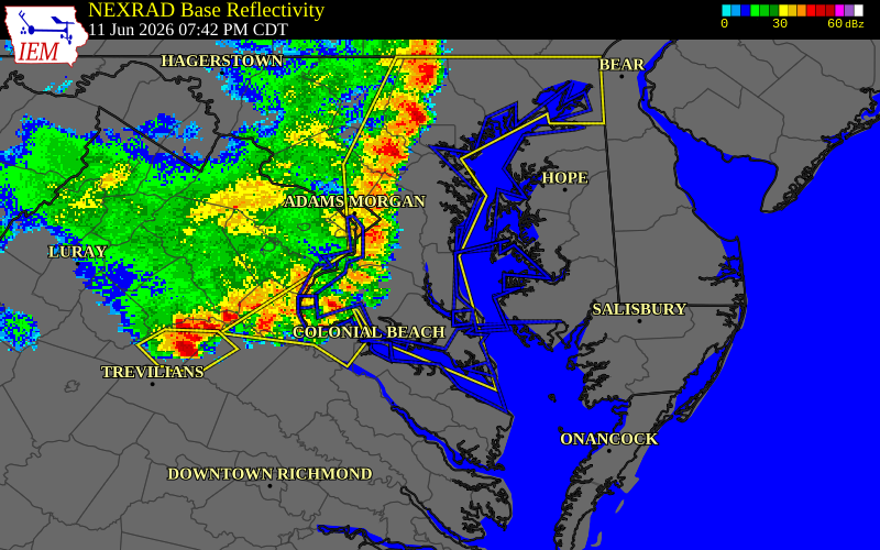 NEXRAD radar during the Thursday, June 11, 2026 storm activity in Calvert County, Maryland