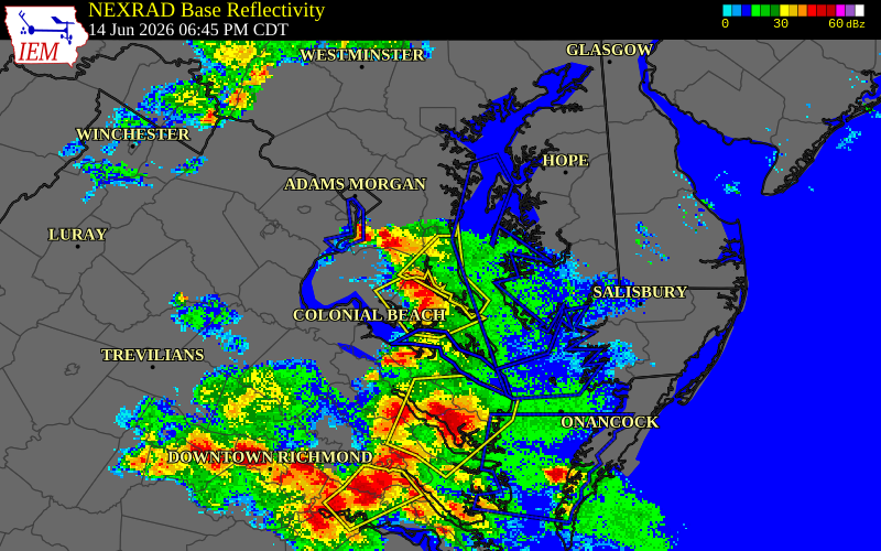 NEXRAD radar during the Sunday, June 14, 2026 storm activity in Calvert County, Maryland