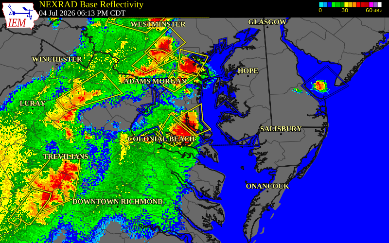 NEXRAD radar during the Saturday, July 4, 2026 storm activity in Calvert County, Maryland