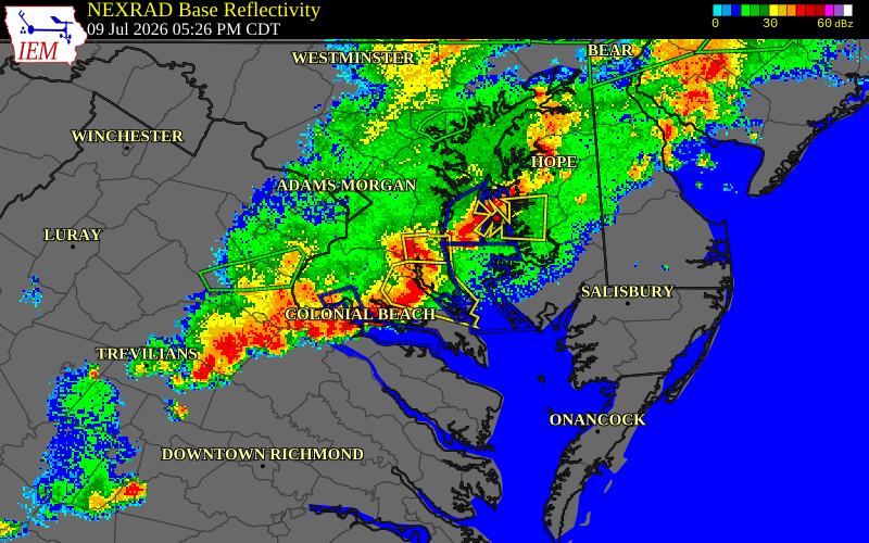 NEXRAD radar during the Thursday, July 9, 2026 storm activity in Calvert County, Maryland