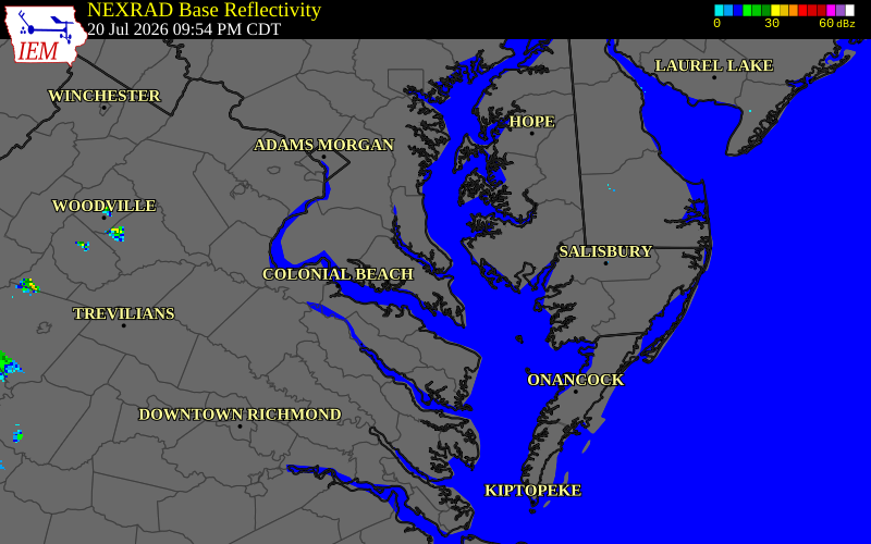 NEXRAD radar during the Monday, July 20, 2026 storm activity in Calvert County, Maryland