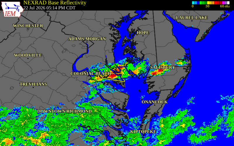 NEXRAD radar during the Wednesday, July 22, 2026 storm activity in Calvert County, Maryland