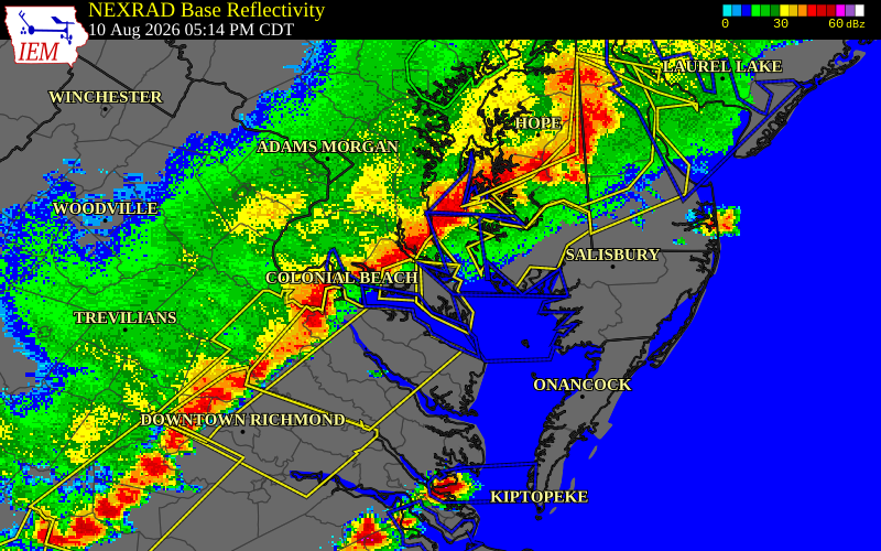 NEXRAD radar during the Monday, August 10, 2026 storm activity in Calvert County, Maryland