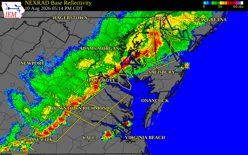 Radar snapshot during the Aug 10, 2026 wind event near 2 W Drum Point, Calvert County, Maryland, with NWS warning polygons