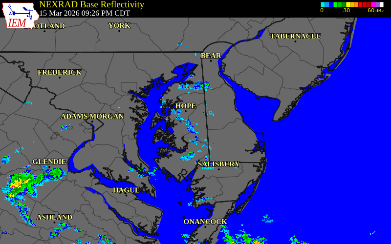 NEXRAD radar during the Sunday, March 15, 2026 storm activity in Caroline County, Maryland