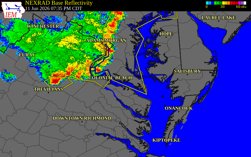 NEXRAD radar during the Thursday, June 11, 2026 storm activity in Caroline County, Maryland