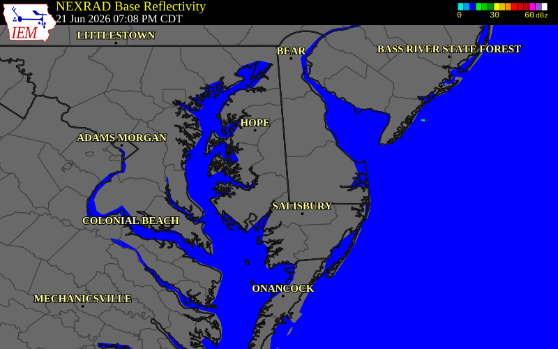 NEXRAD radar during the Sunday, June 21, 2026 storm activity in Caroline County, Maryland