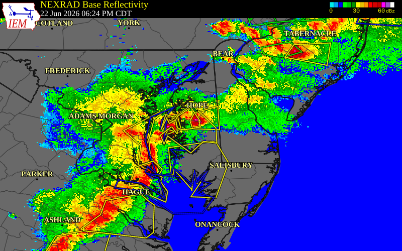NEXRAD radar during the Monday, June 22, 2026 storm activity in Caroline County, Maryland