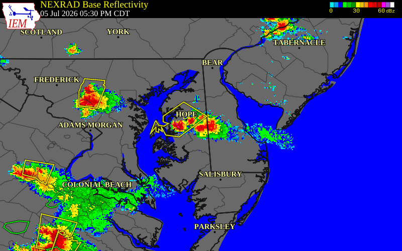 NEXRAD radar during the Sunday, July 5, 2026 storm activity in Caroline County, Maryland