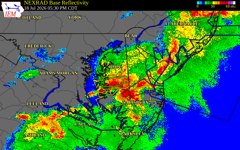 NEXRAD radar during the Saturday, July 18, 2026 storm activity in Caroline County, Maryland