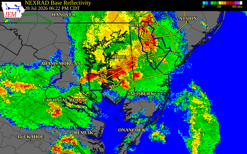 NEXRAD radar during the Tuesday, July 28, 2026 storm activity in Caroline County, Maryland