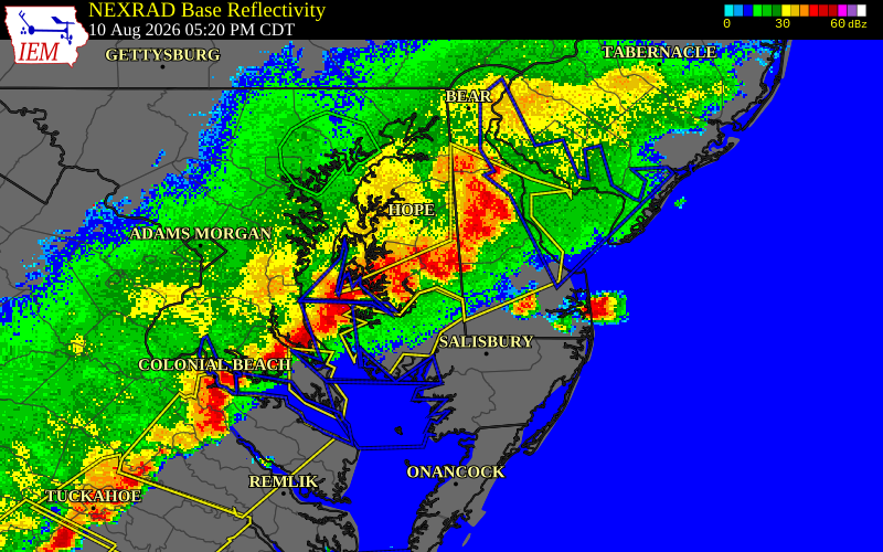 NEXRAD radar during the Monday, August 10, 2026 storm activity in Caroline County, Maryland