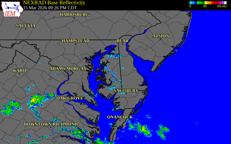 Radar snapshot during the Mar 15, 2026 tornado event near 2 SE Ridgely, Caroline County, Maryland, with NWS warning polygons