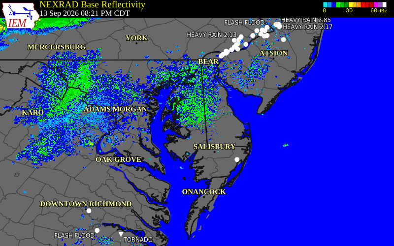 Current NEXRAD radar over Caroline County, Maryland with recent storm report locations